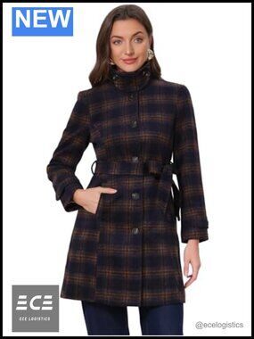 Vintage Plaid Peacoat Stand Collar Winter Trench Coat